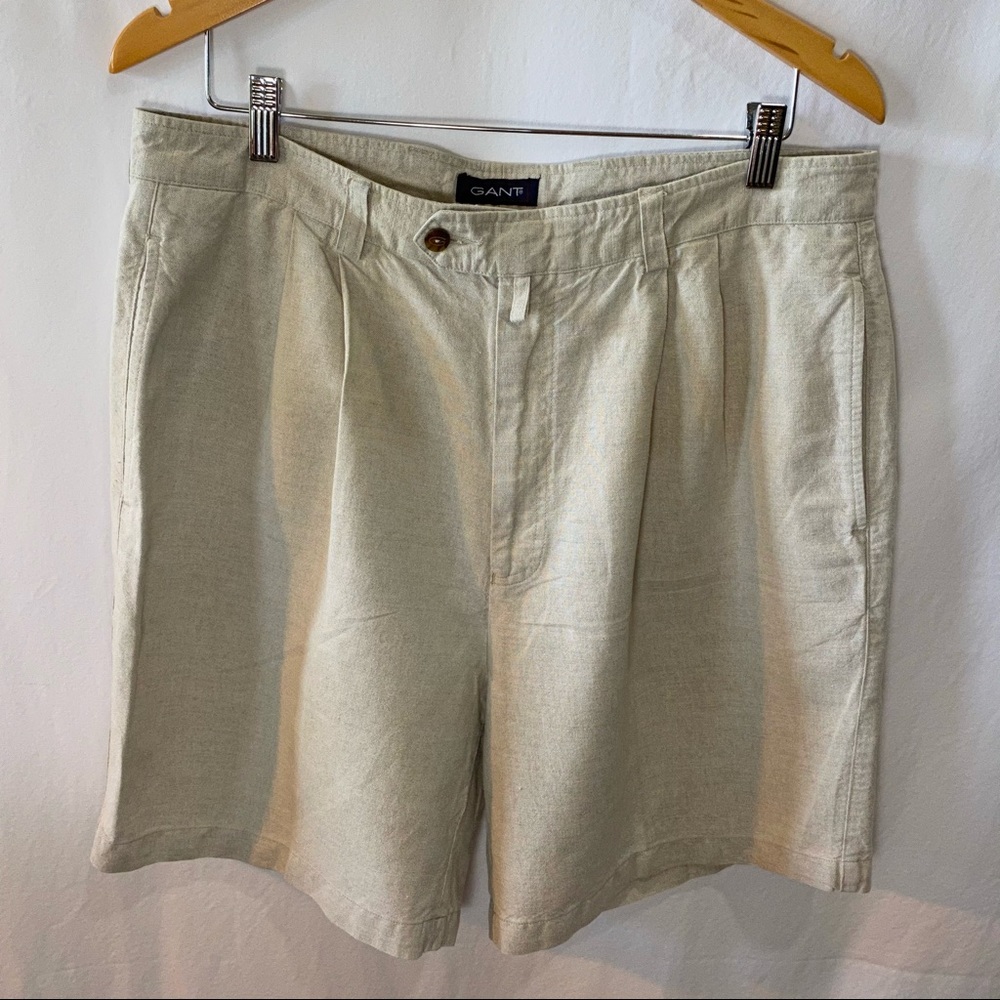 Gant Khaki Pleated Front Linen Cotton Blend Shorts Size 36